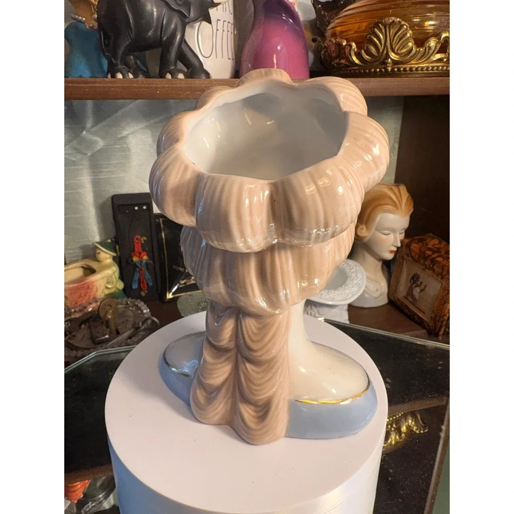 Vintage Ceramic Lady Head Vase Blue Tiara Gold Trim Peach Hair Porcelain Bust